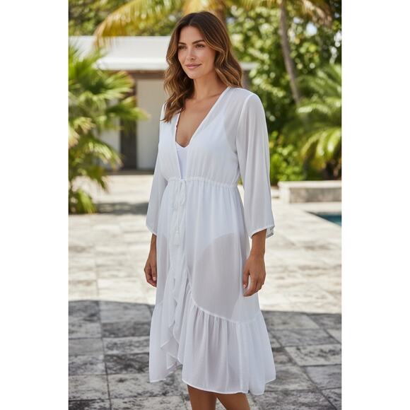 Shein White Sheer Ruffle Robe Large – Bridal, Lingerie, Beach Cover-Up - Picture 11 of 11